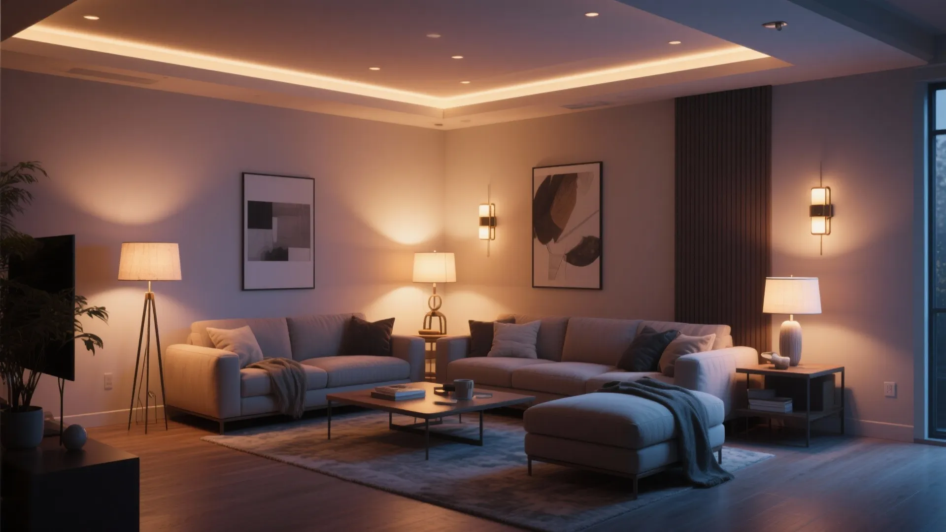 Cozy living room with grey sofas wall lights floor lamp and warm glowing hidden ceiling lights
