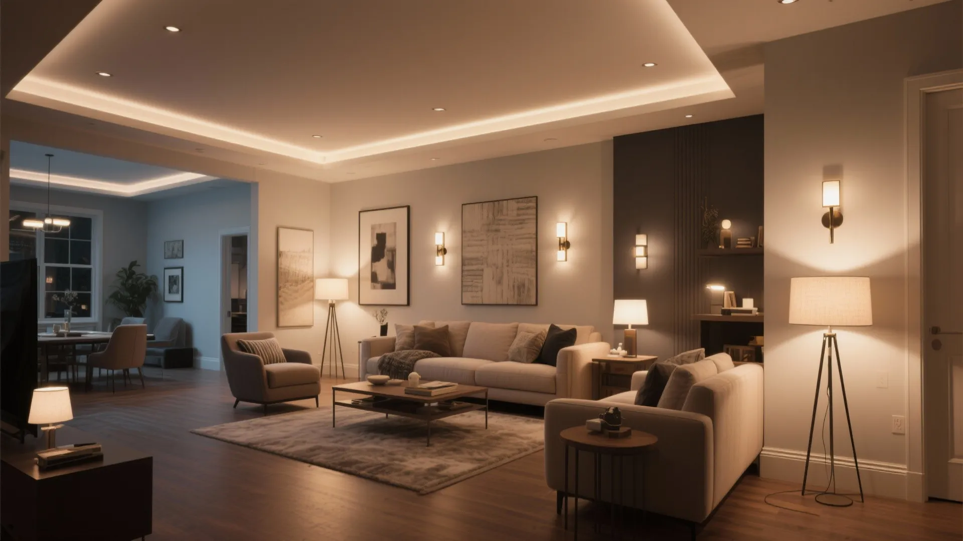 Modern living room with beige sofa, grey armchair, wooden floor, warm wall lights, and floor lamp