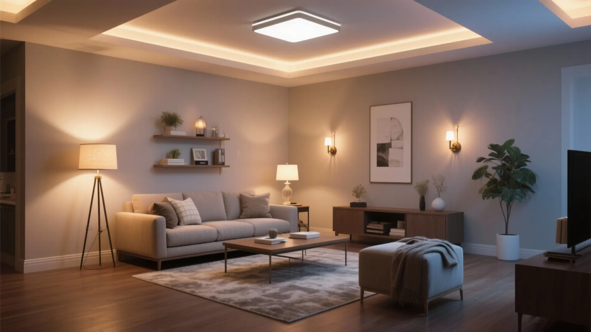 Modern living room with grey sofa floor lamp table lamp wall lights and square ceiling light