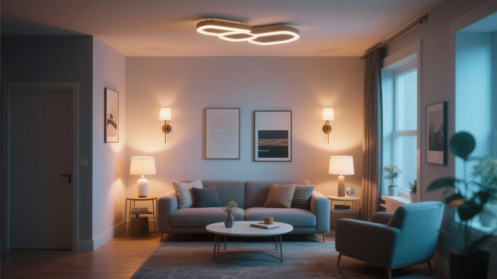 Cozy living room with grey sofa warm wall lights table lamps and modern ceiling light fixture