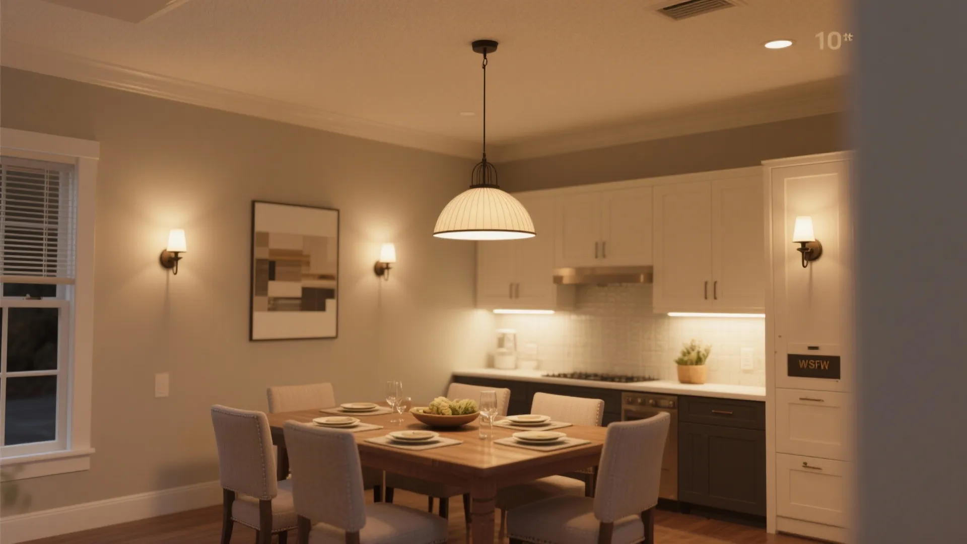 Dining room with wooden table chairs large ceiling light wall lights and white kitchen cabinets