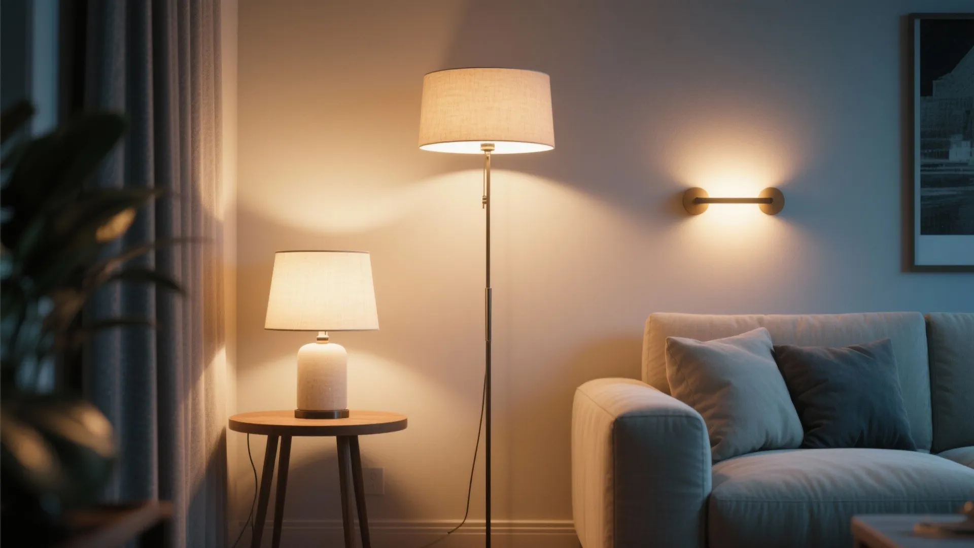 Cozy living room lighting with table lamp floor lamp and wall light next to grey sofa