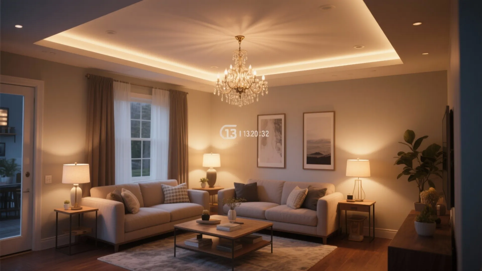 Warm cozy living room featuring a central ceiling light recessed lighting and several small table lamps