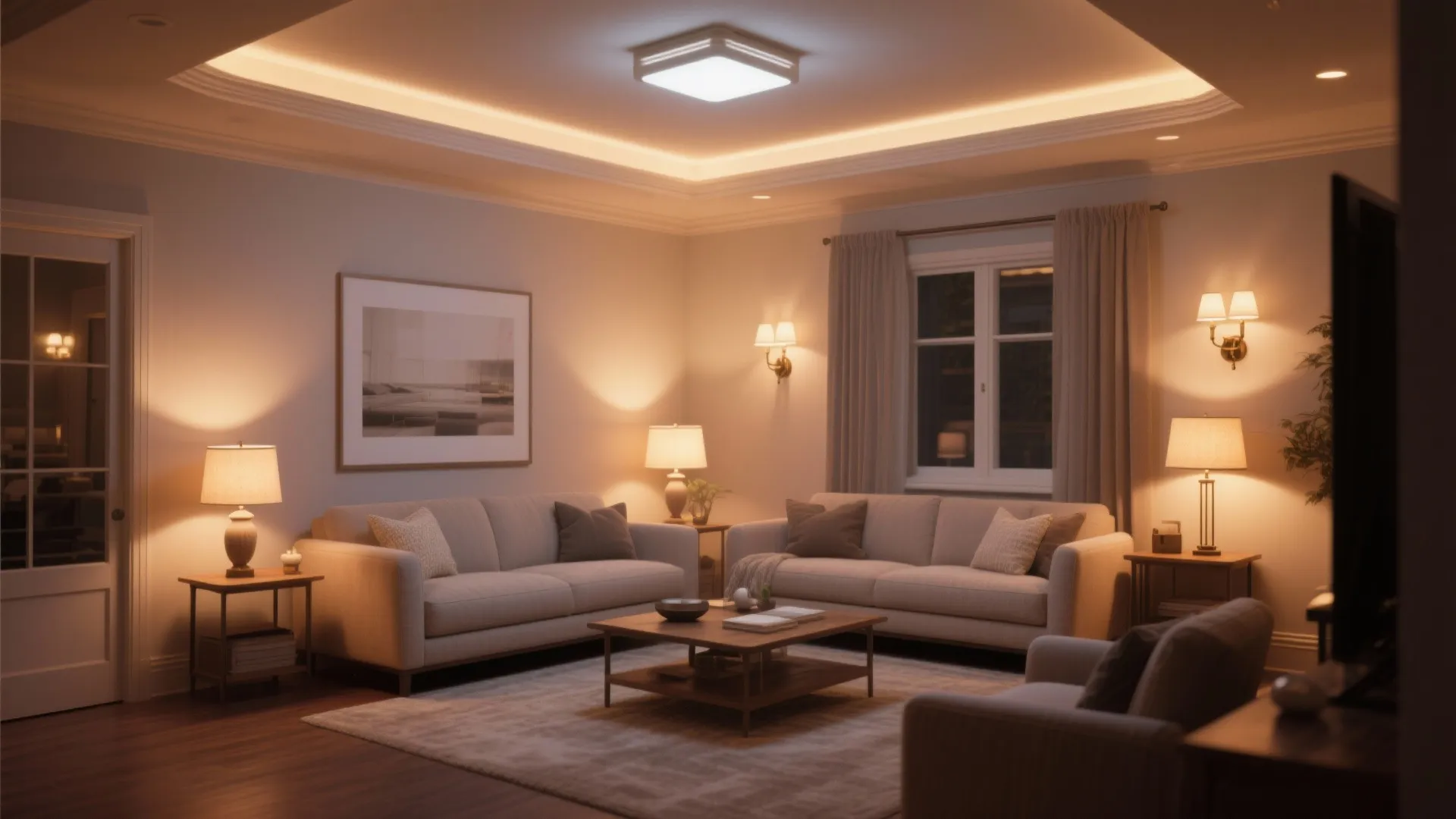 Warm living room with multiple light sources including a ceiling light wall lights and lamps