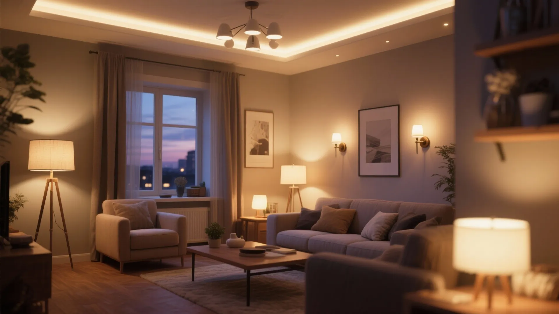 Living room at night with ceiling light wall lights floor lamp table lamp and sofa