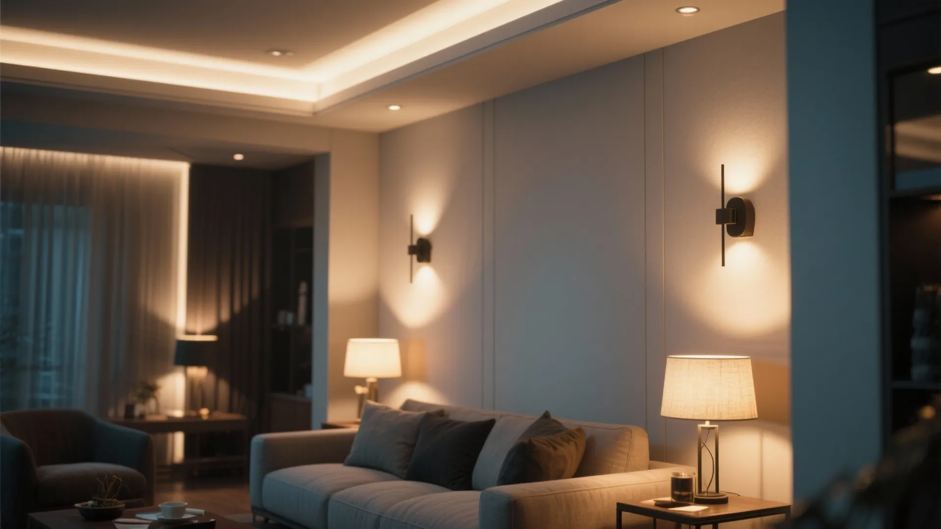 Layered lighting in a living room with sconces, recessed fixtures, and lamps