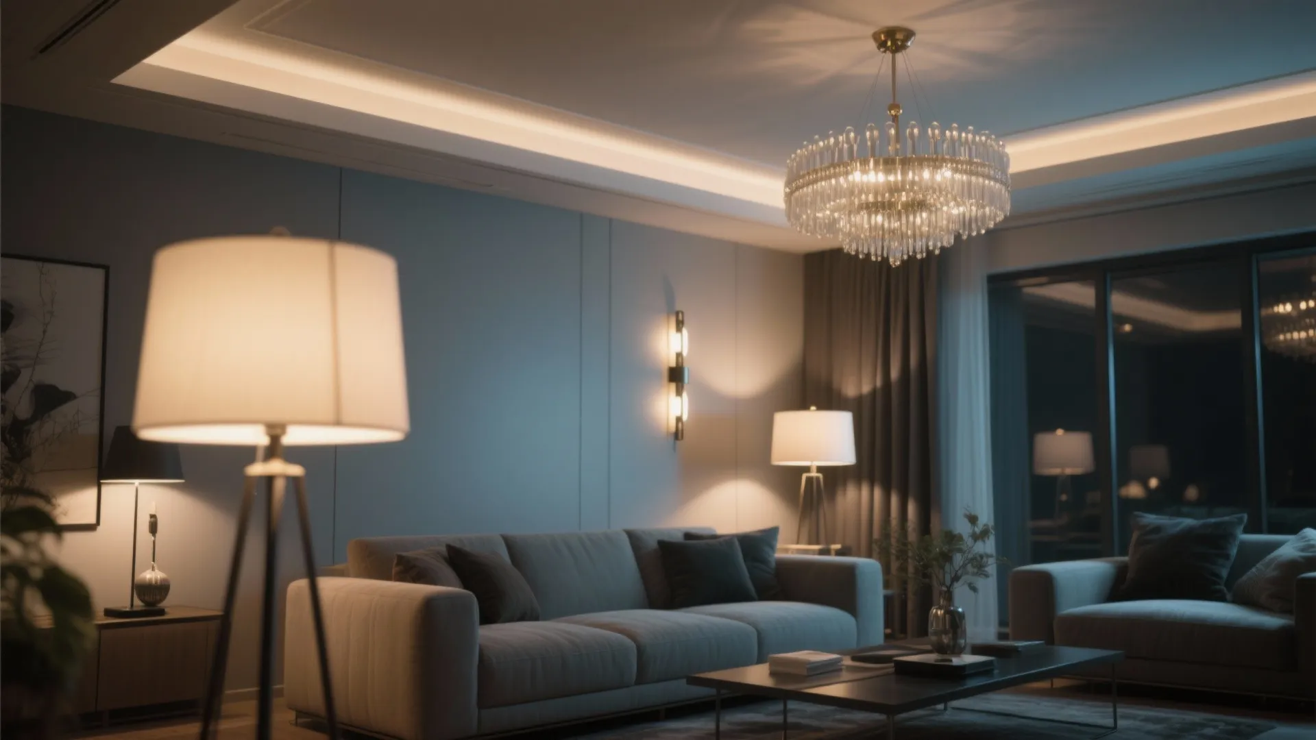 Modern living room with crystal ceiling light, grey sofa, floor lamp, coffee table, and lighting
