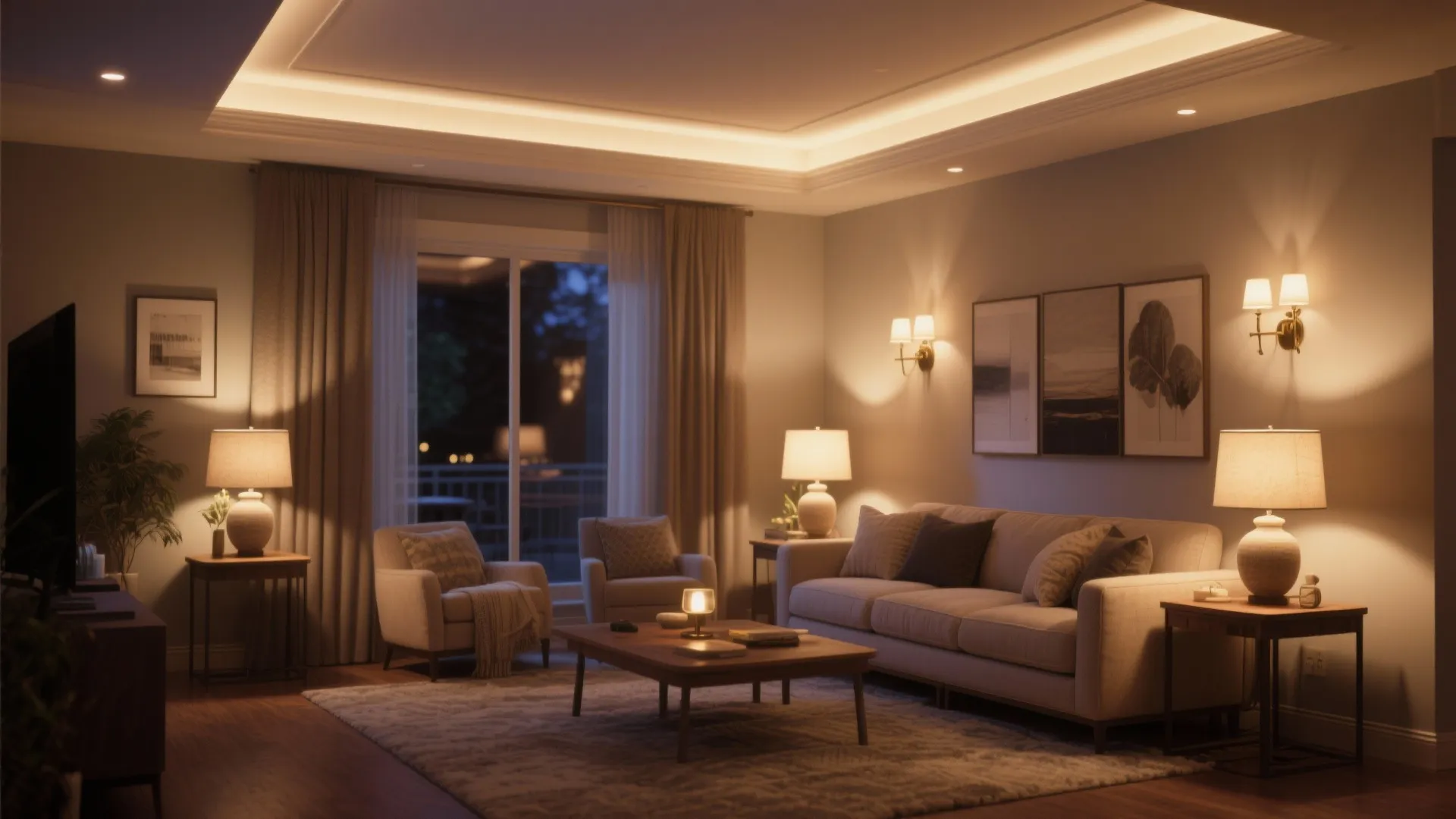 Warmly lit living room with ambient, task, and accent lighting