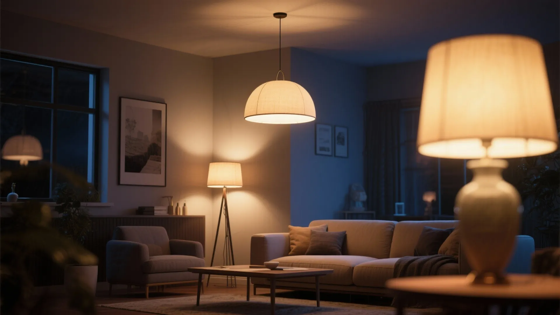 Evening living room with a large ceiling light floor lamp and table lamp providing light