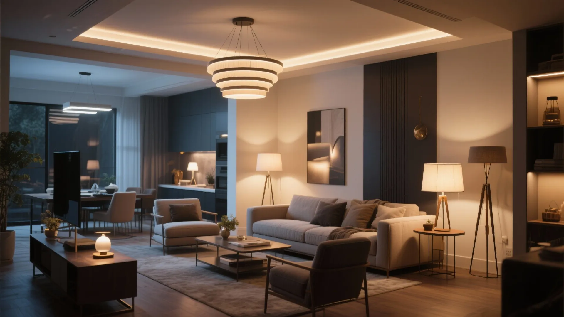 Cozy living room interior featuring tiered ceiling light floor lamps sofa and modern dark wall panels