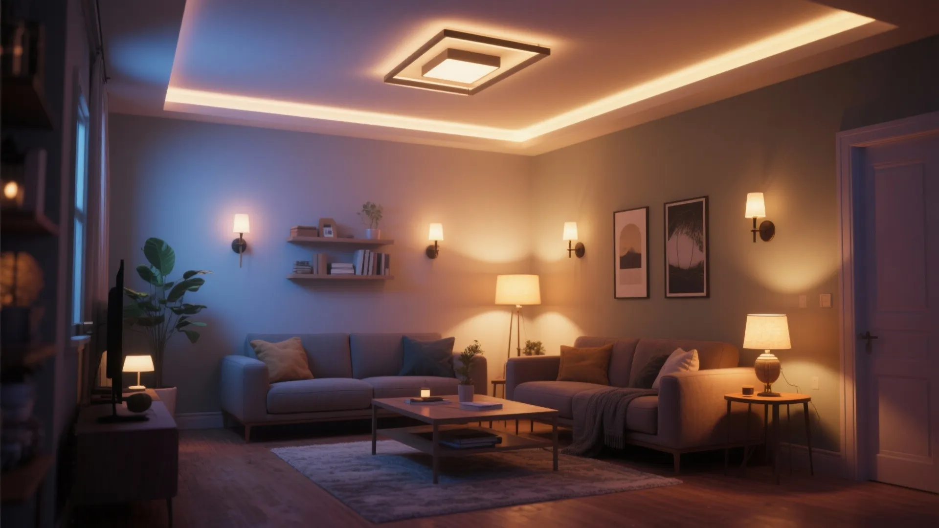 Living room with layered lighting including square ceiling light, wall lights, floor lamp, and lamps