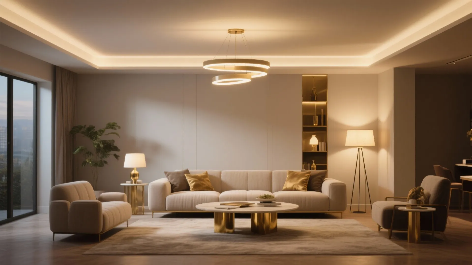 Warm living room with ceiling light floor lamp table light and hidden wall light for brightness