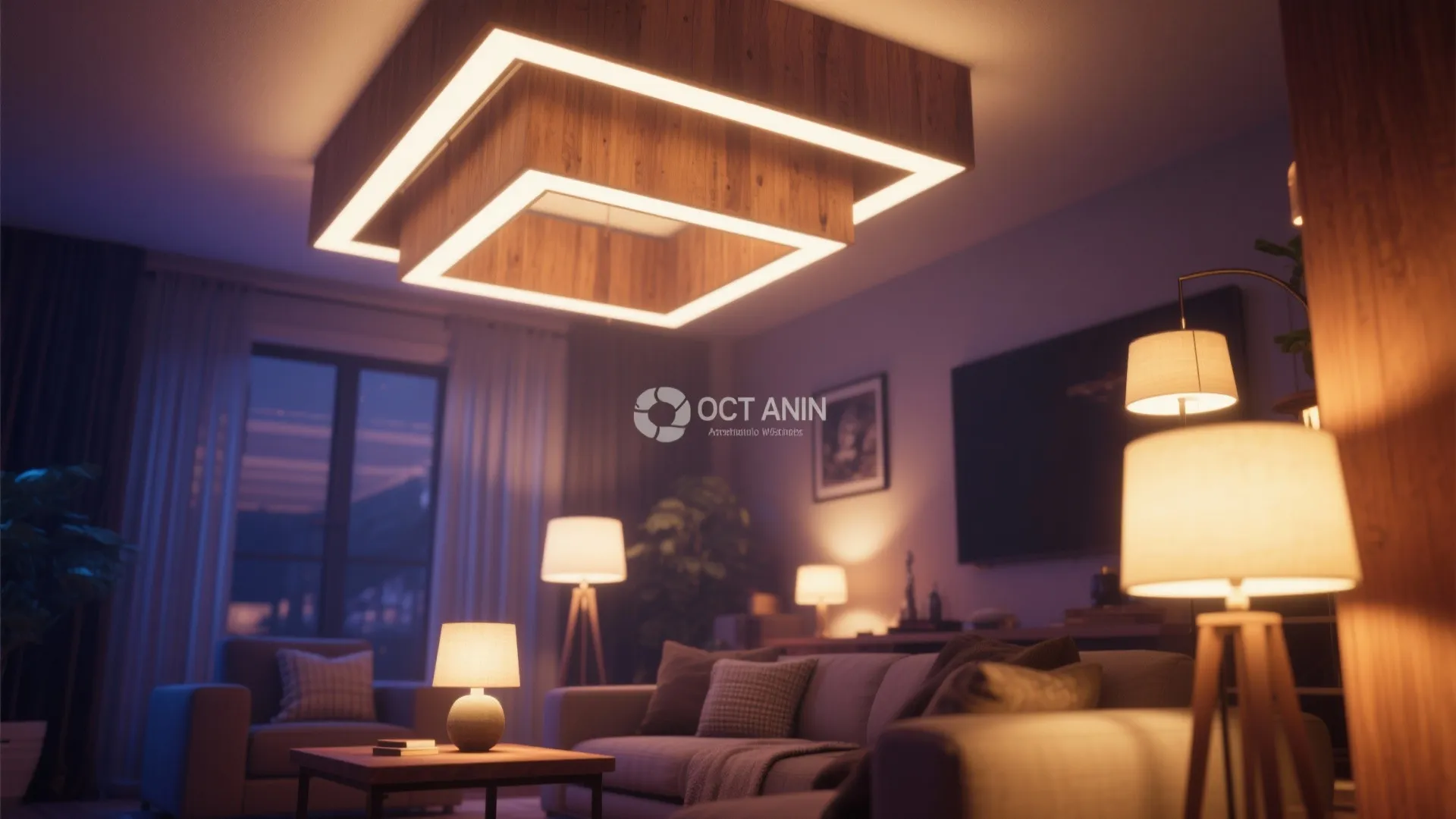 Cozy living room featuring multiple warm floor lamps table lamps and square wooden ceiling light fixture