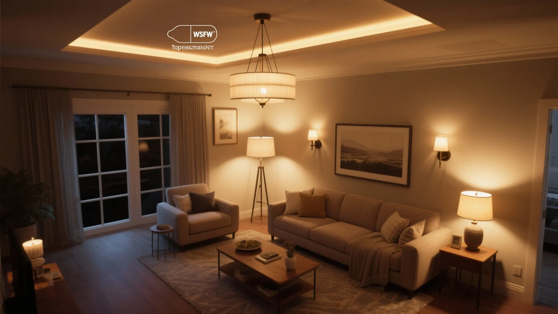Warm living room with layered lighting including ceiling light floor lamp wall light and table lamp