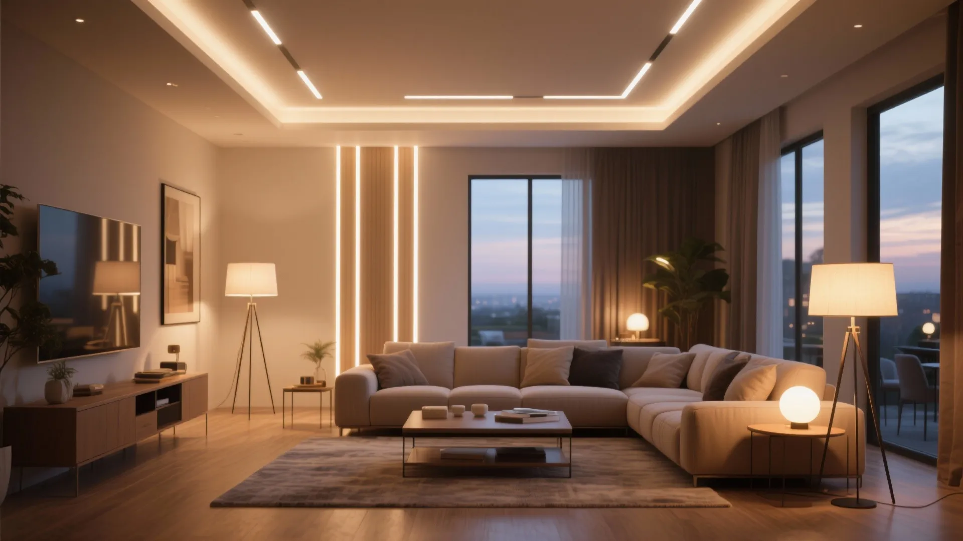 Living room interior featuring warm ceiling light wall panel lights floor lamps and corner sofa