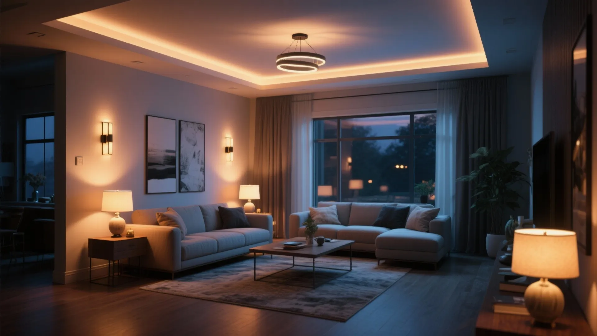 Living room with warm layered lighting including ceiling light wall lights table lamps and hidden strips