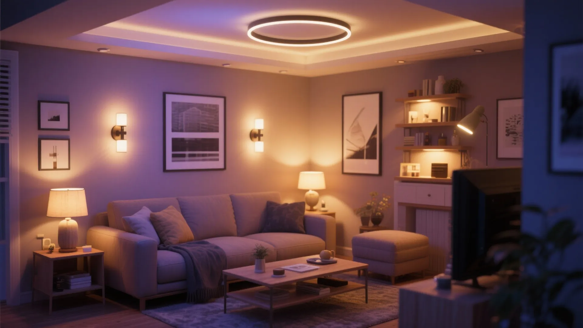 Cozy living room with warm light from ceiling light wall light table lamp and floor lamp