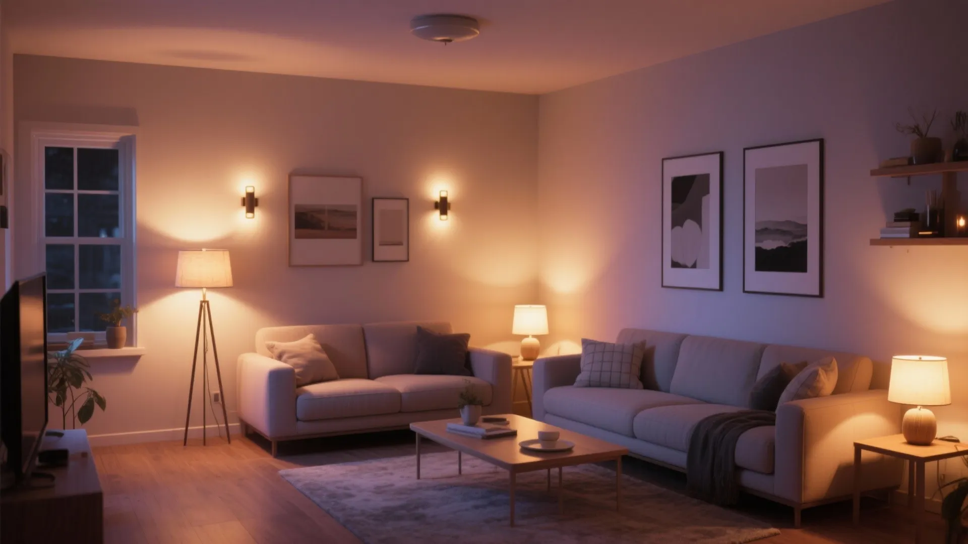 Cozy living room interior with warm wall lights floor lamp table lamps and two sofas