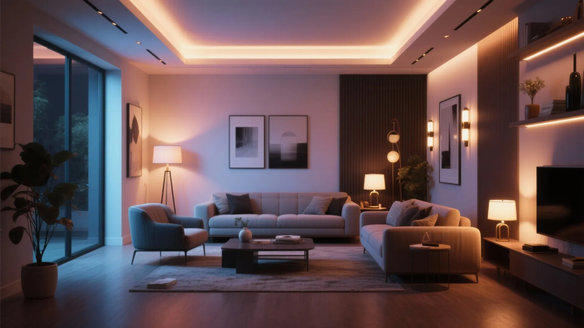 Modern living room with grey sofas wooden floor coffee table wall lights and warm ceiling lights