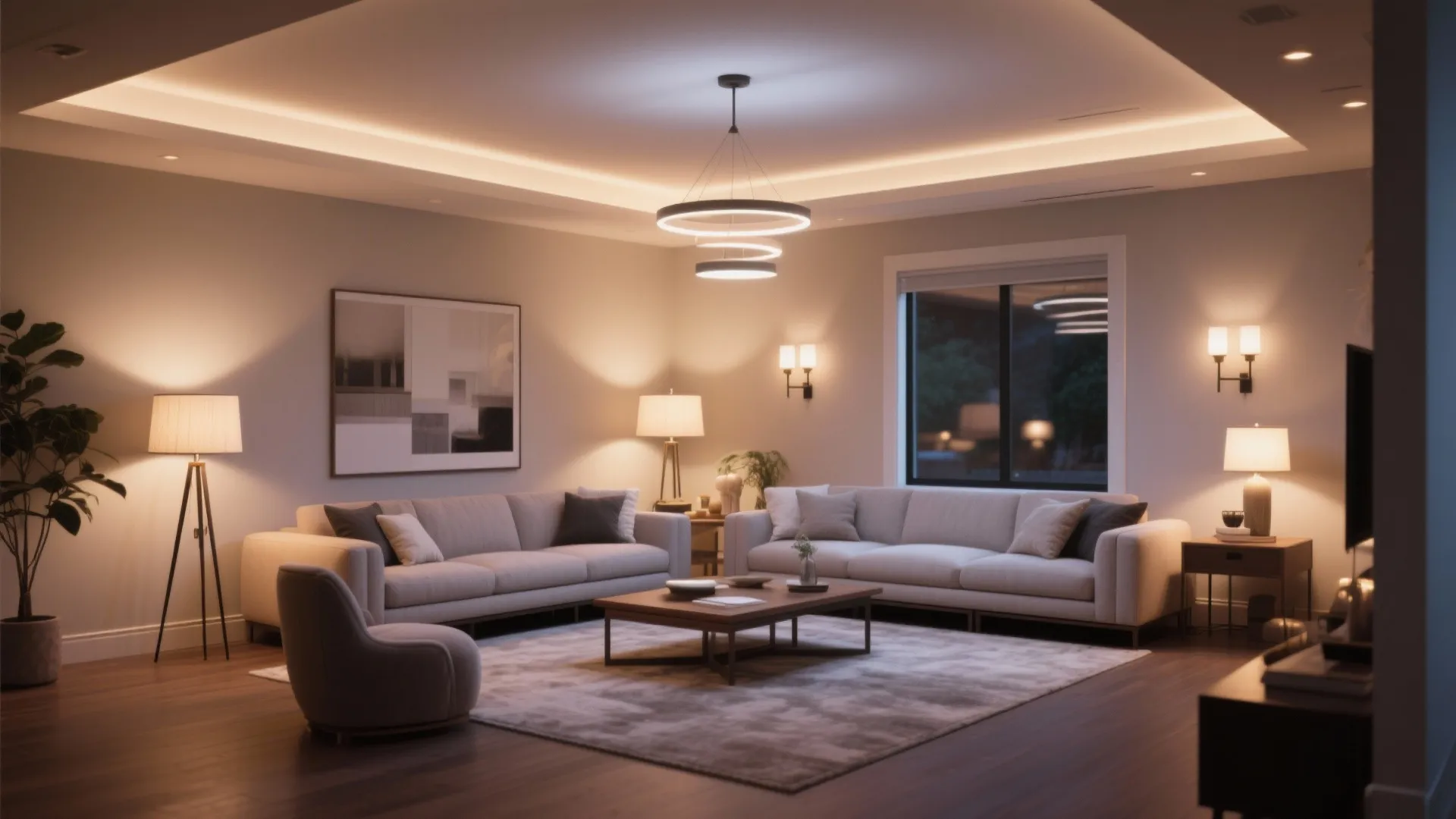 Modern living room with grey sofas wooden floor and warm layered lighting from ceiling light