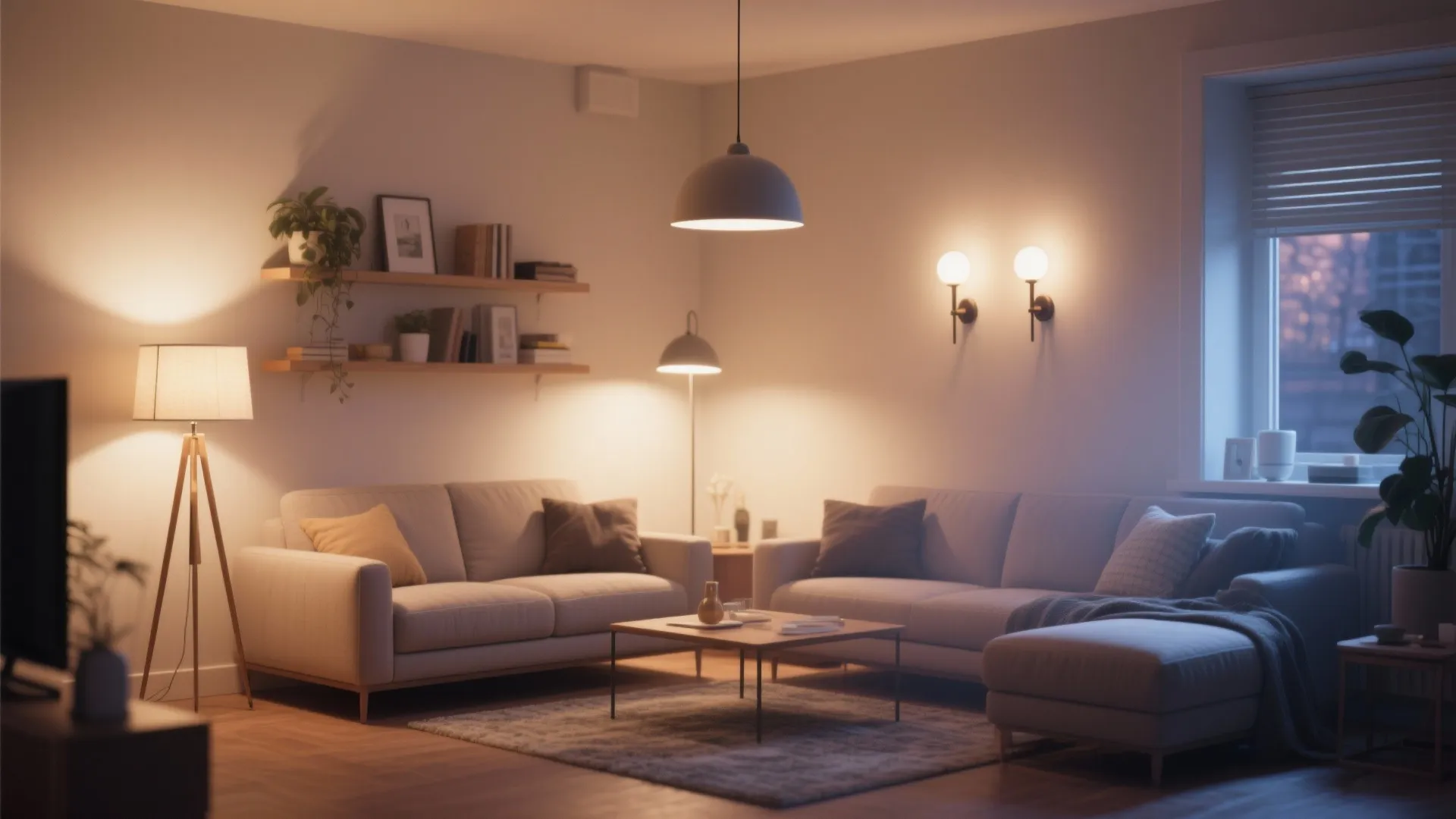 Warm living room with grey sofas, wooden coffee table, wall lights, and large ceiling light