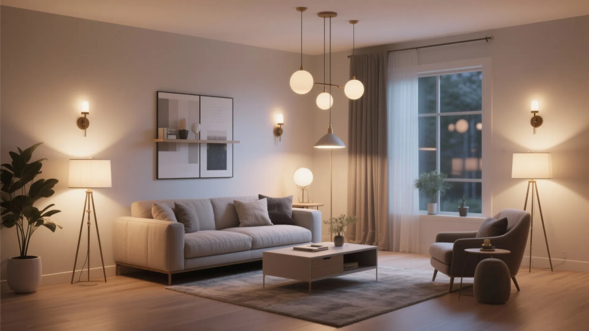 Modern living room with grey sofa white floor lamp warm ceiling light and large window view
