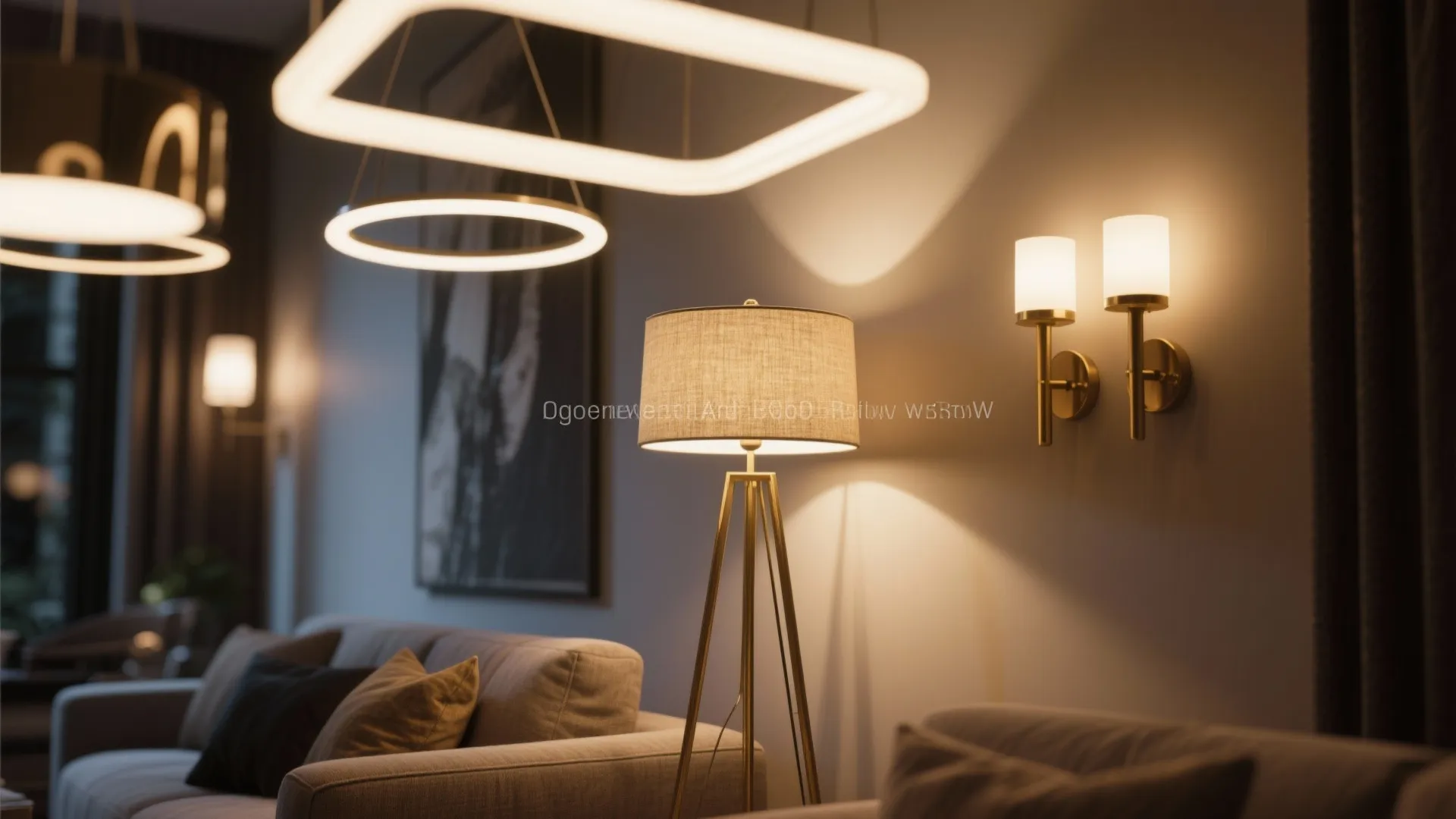 Living room interior showing warm layered lighting with floor lamp wall light and modern ceiling light