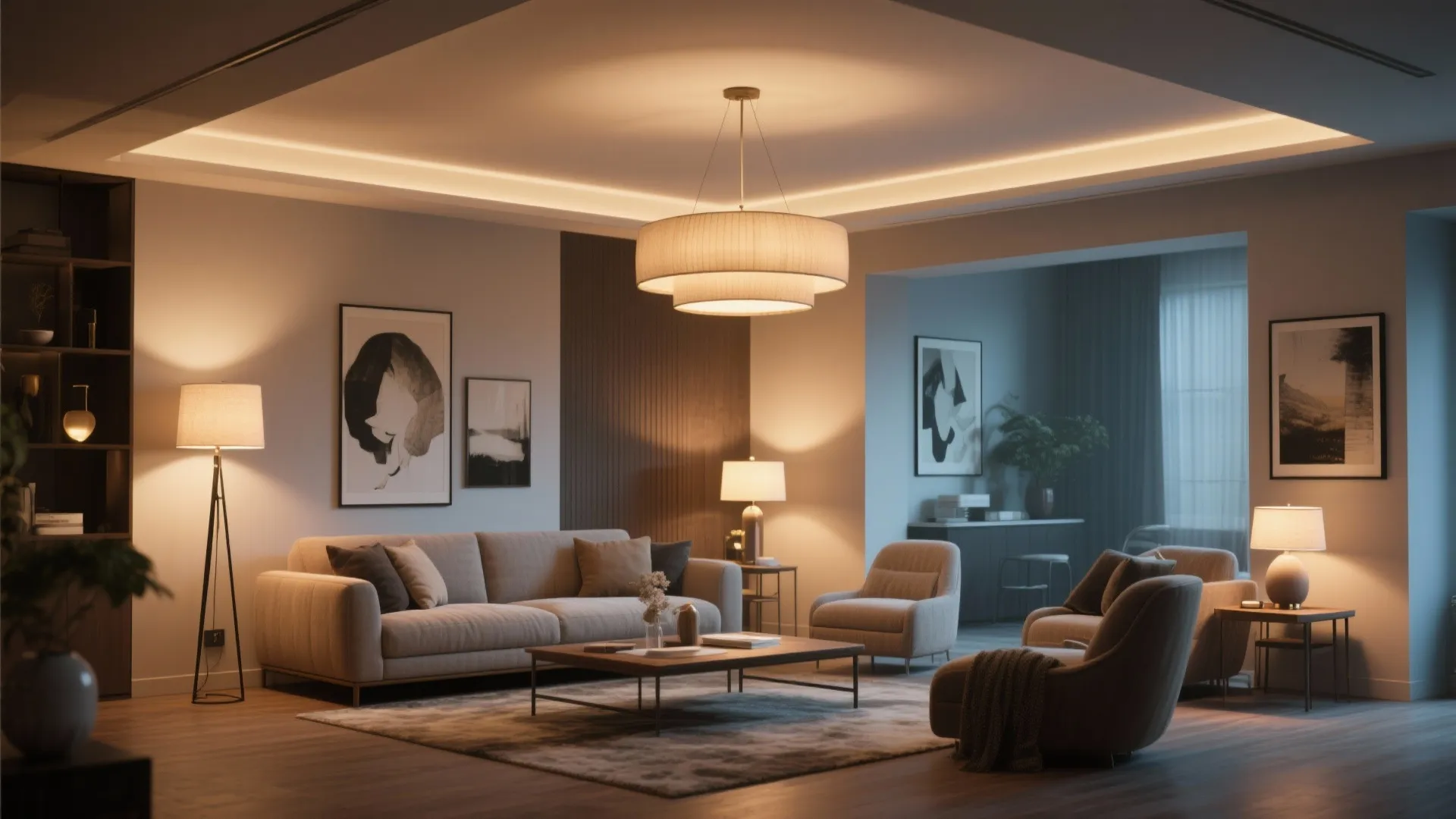 Cozy living room with multiple lights including a large ceiling light floor lamp and table lamps