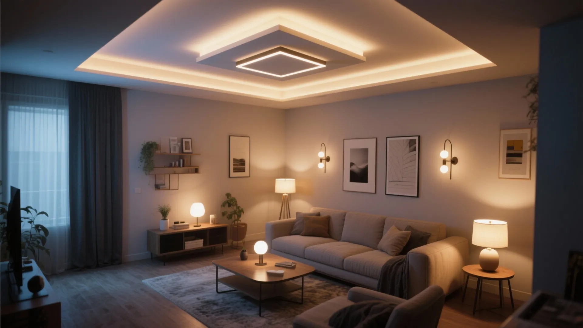 Living room with layered lighting featuring ceiling light wall light floor lamp and table lamp