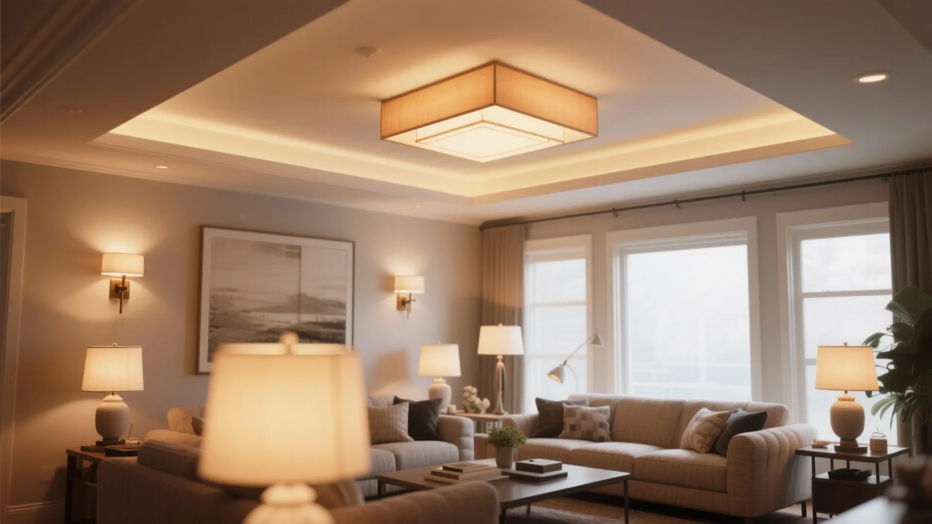 Modern living room with square ceiling light wall lights table lamps sofa and large windows