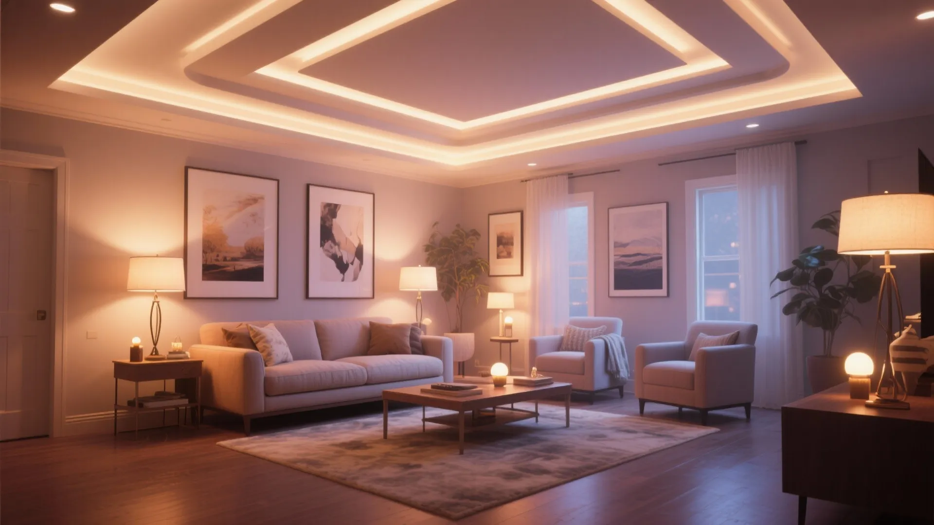 Modern living room with warm ceiling lights sofa two armchairs coffee table and wall art