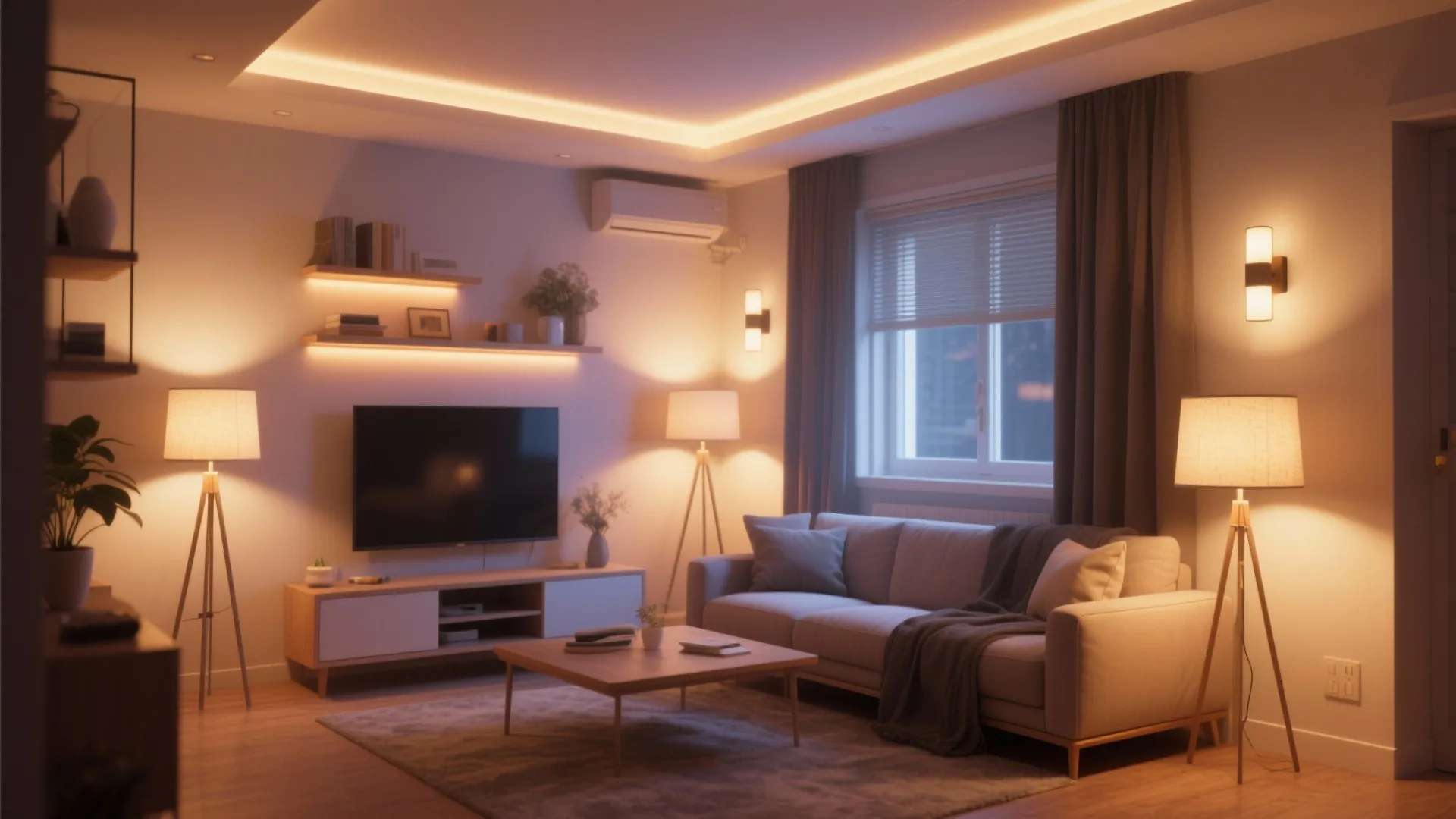 Cozy living room with warm light fixtures including floor lamps wall lights and recessed ceiling lights