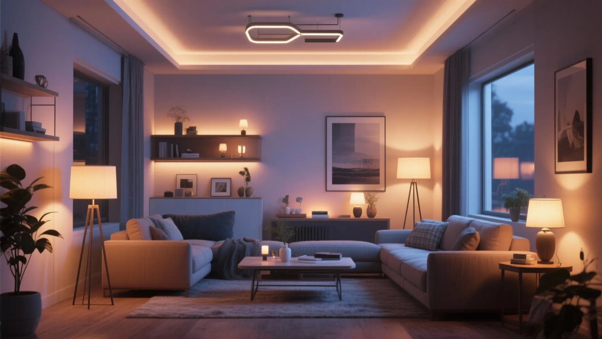 Modern living room with ceiling light wall lights floor lamps and warm hidden light strips