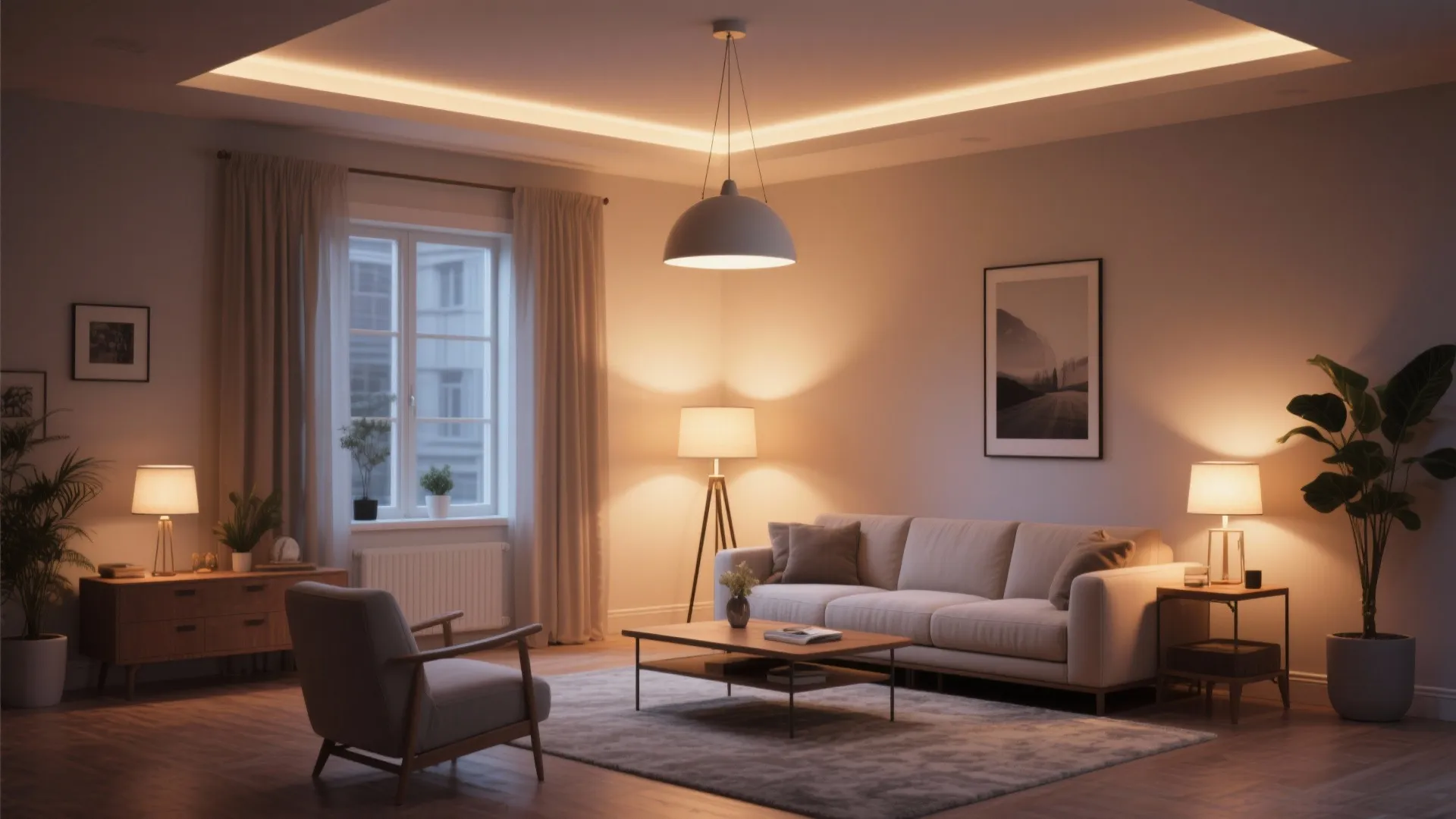 Modern warm living room with beige sofa grey armchair wooden coffee table and soft ceiling light