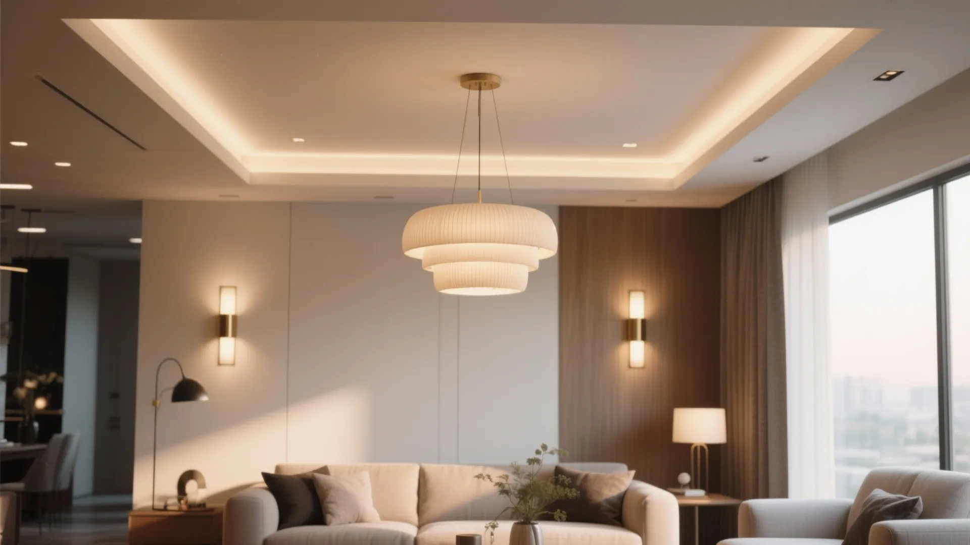 Modern living room featuring a large ceiling light wall light sofa and warm hidden lighting