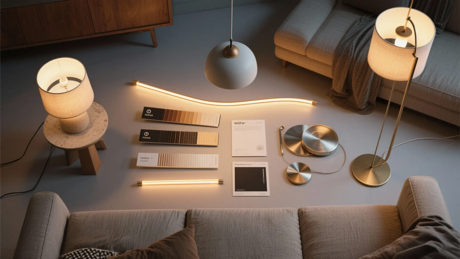 Various light fixtures including table lamp and floor lamp with interior design material color swatches