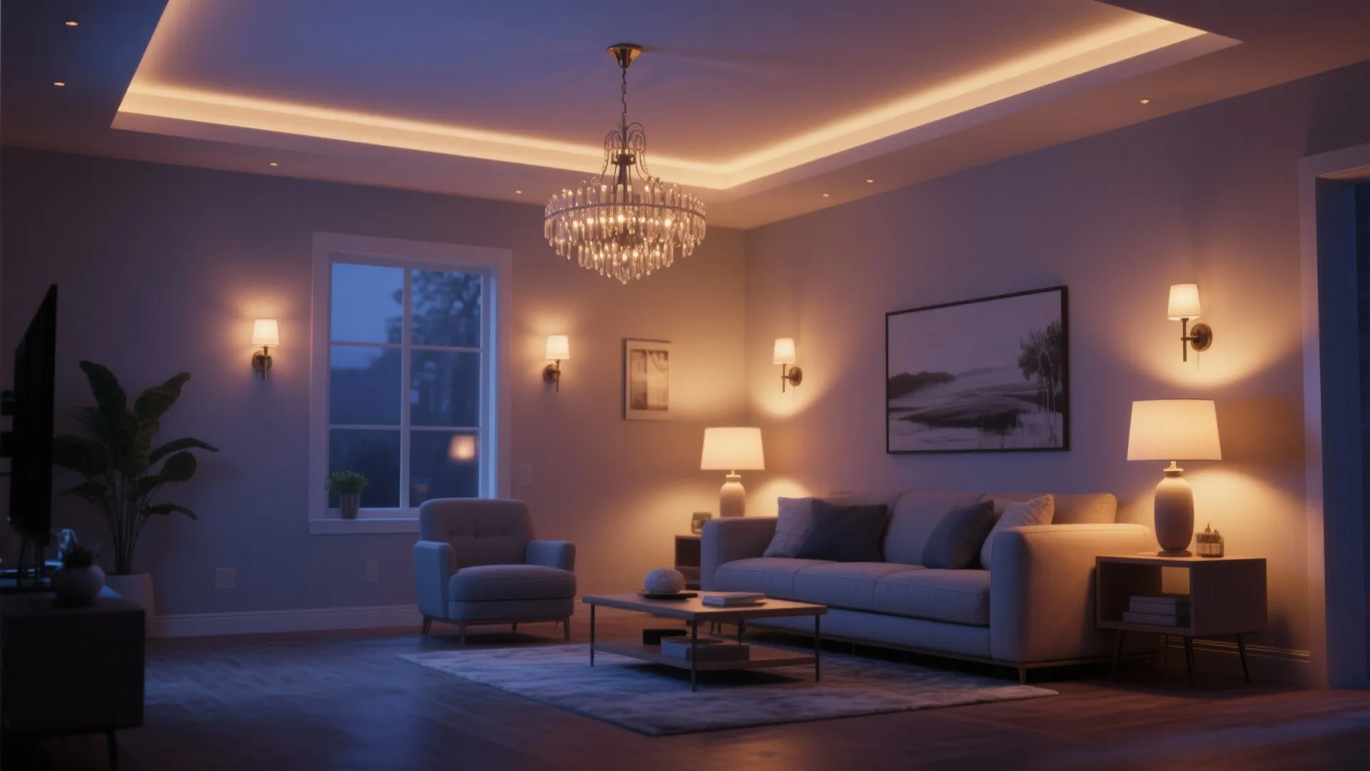 Cozy living room interior featuring a ceiling light wall lights table lamps and grey sofa