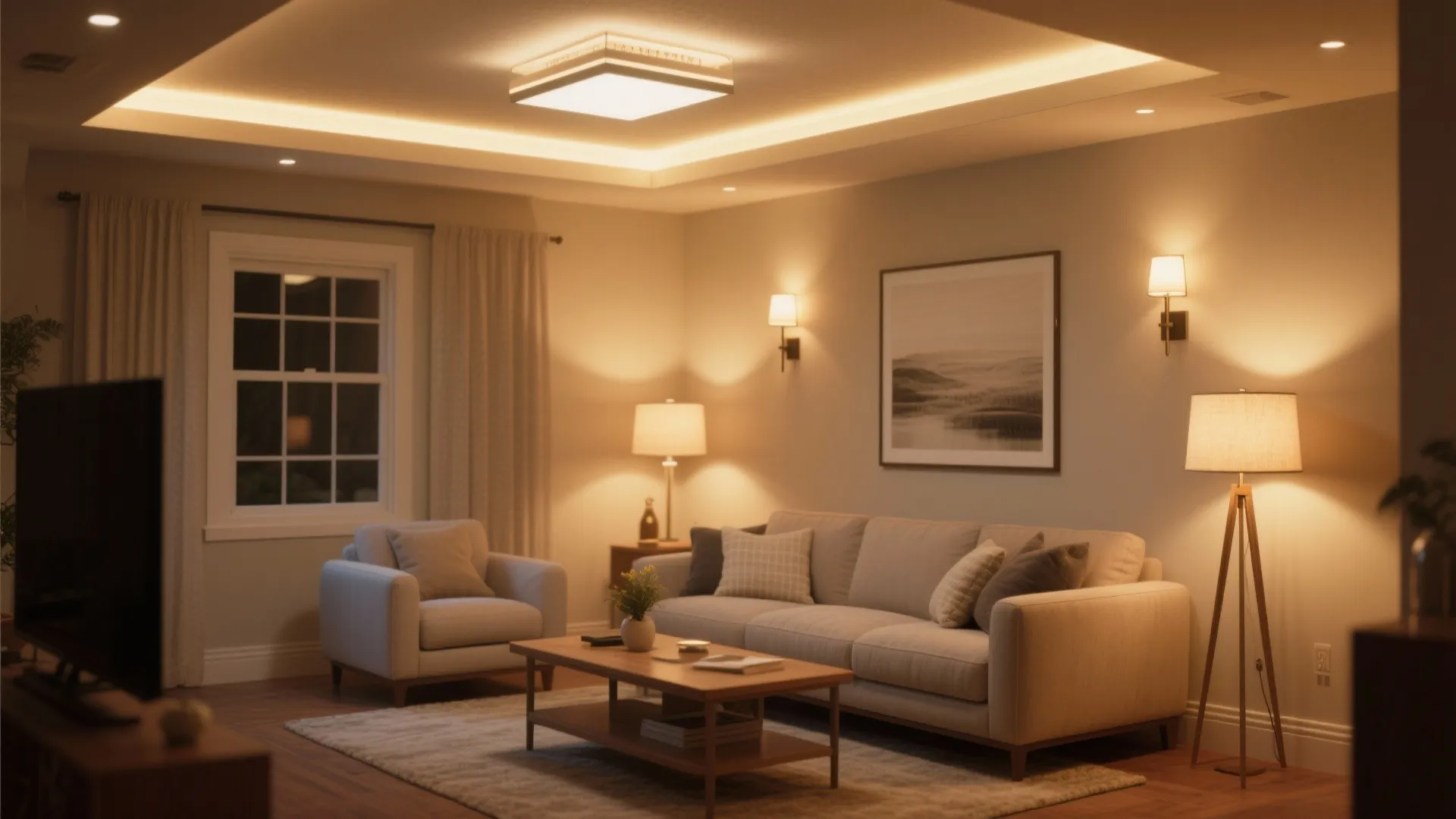 Warm living room interior with ceiling light wall lights floor lamp sofa and wooden coffee table
