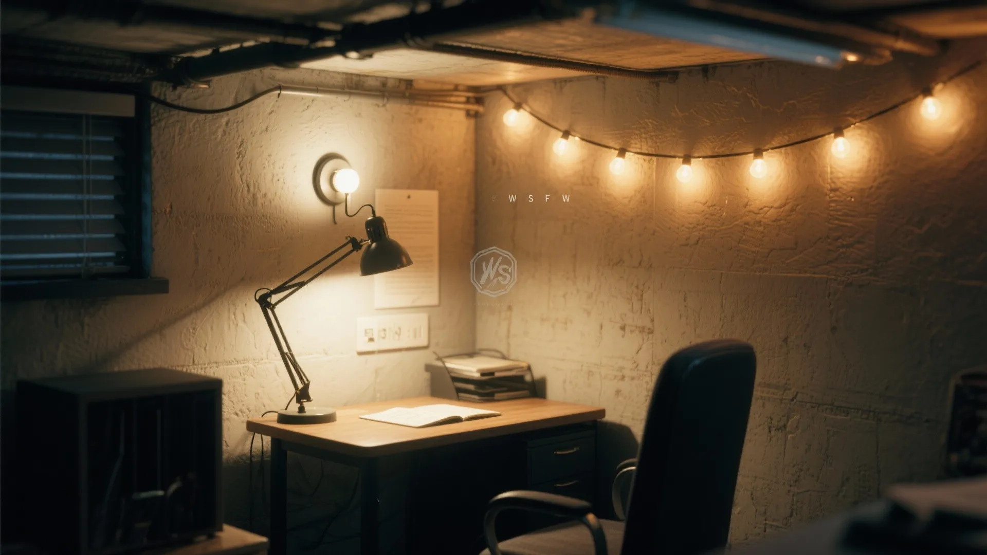 Cozy home office basement desk with small lamp and warm string light bulbs on wall