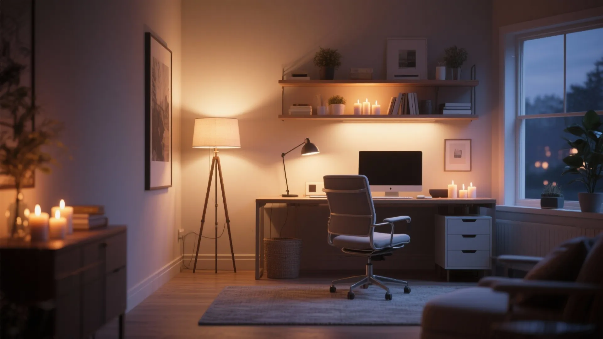 Warm home office layout with floor lamp desk light shelf lights candles and a computer desk