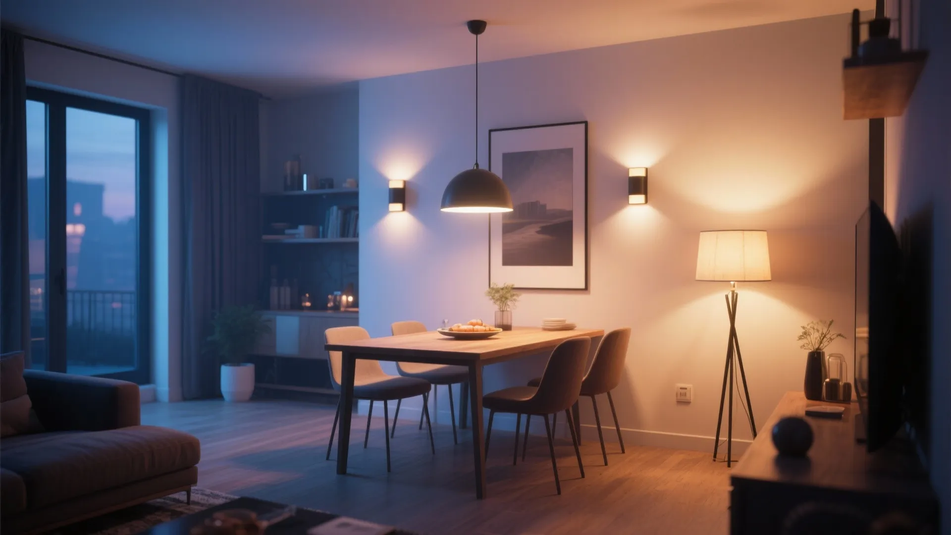 Dining room with a wooden table four chairs ceiling light wall lights and floor lamp