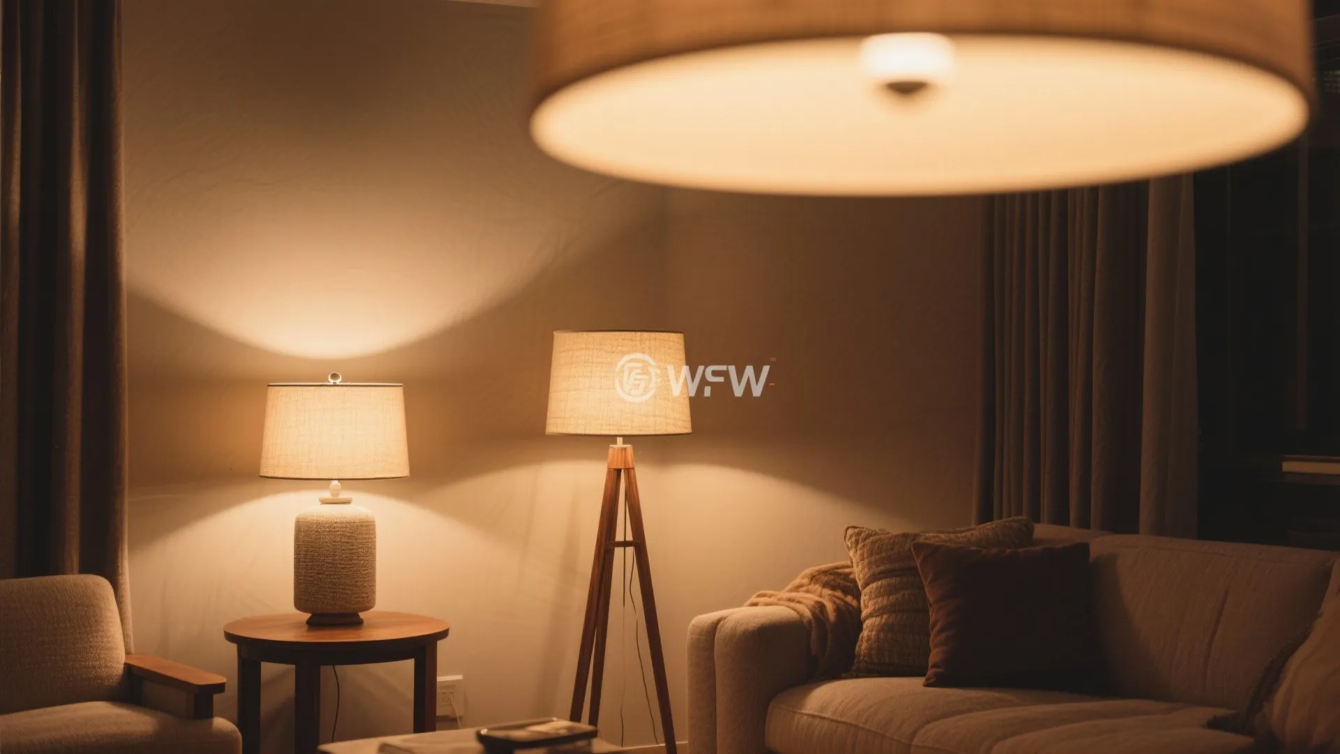 Warm living room featuring a floor lamp table lamp and a large round glowing light