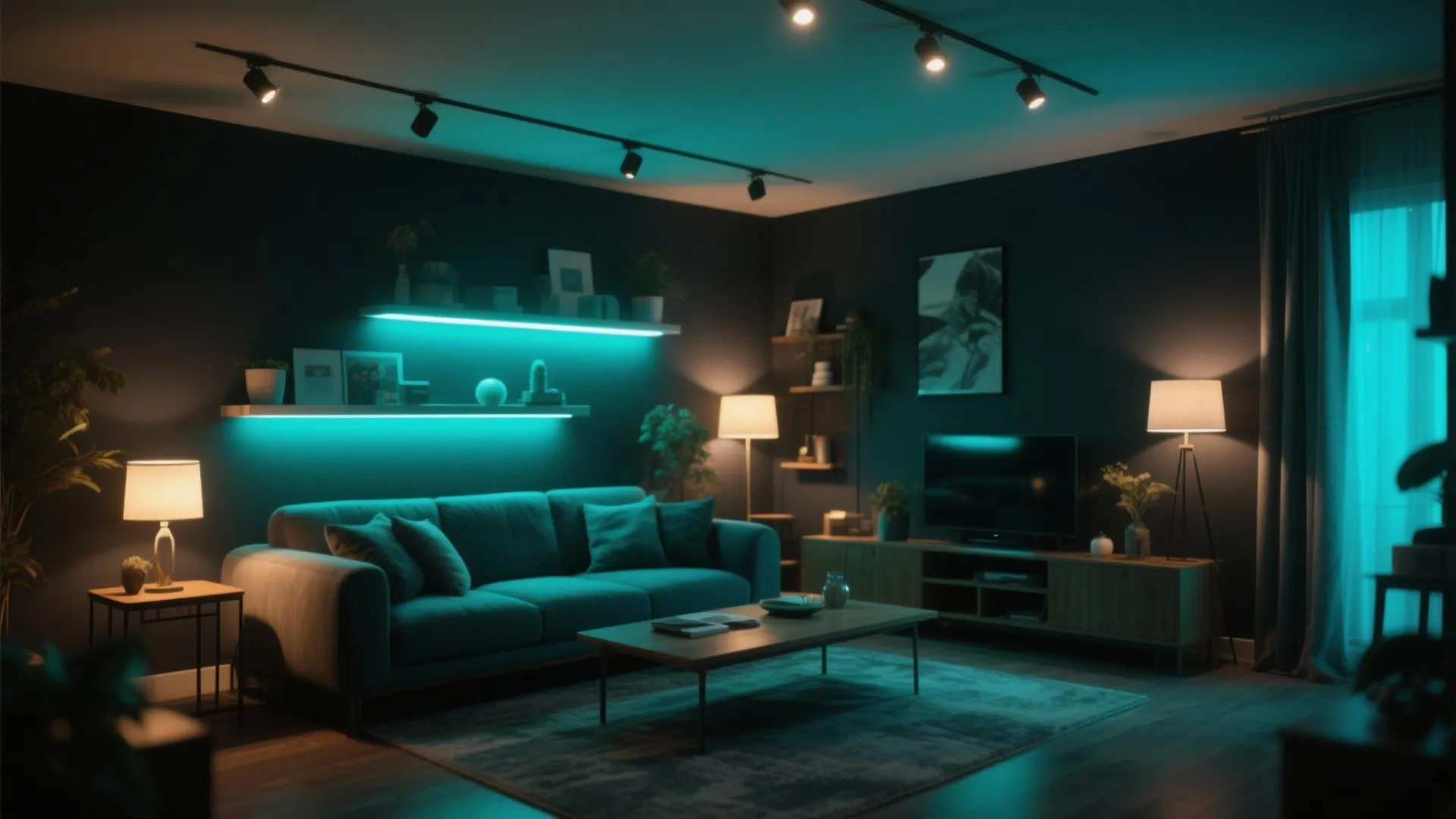 Modern dark living room with blue neon shelf lights grey sofa and warm floor lamps
