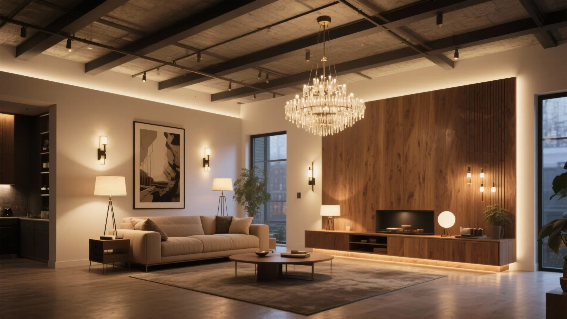 Modern loft living room with layered lighting sources and warm tones