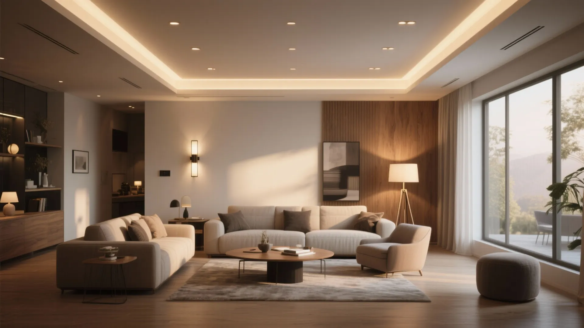 Modern warm living room with beige sofas wooden coffee table ceiling light and large glass windows