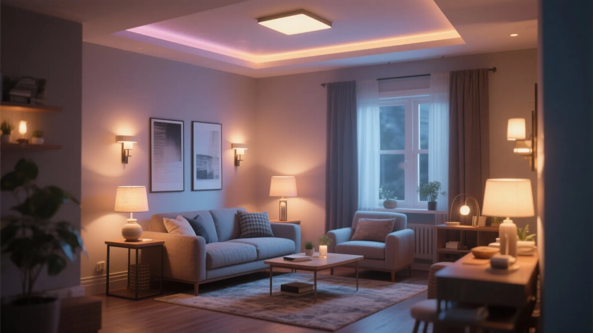 Cozy living room interior showing layered lighting with ceiling light wall lights and table lamps