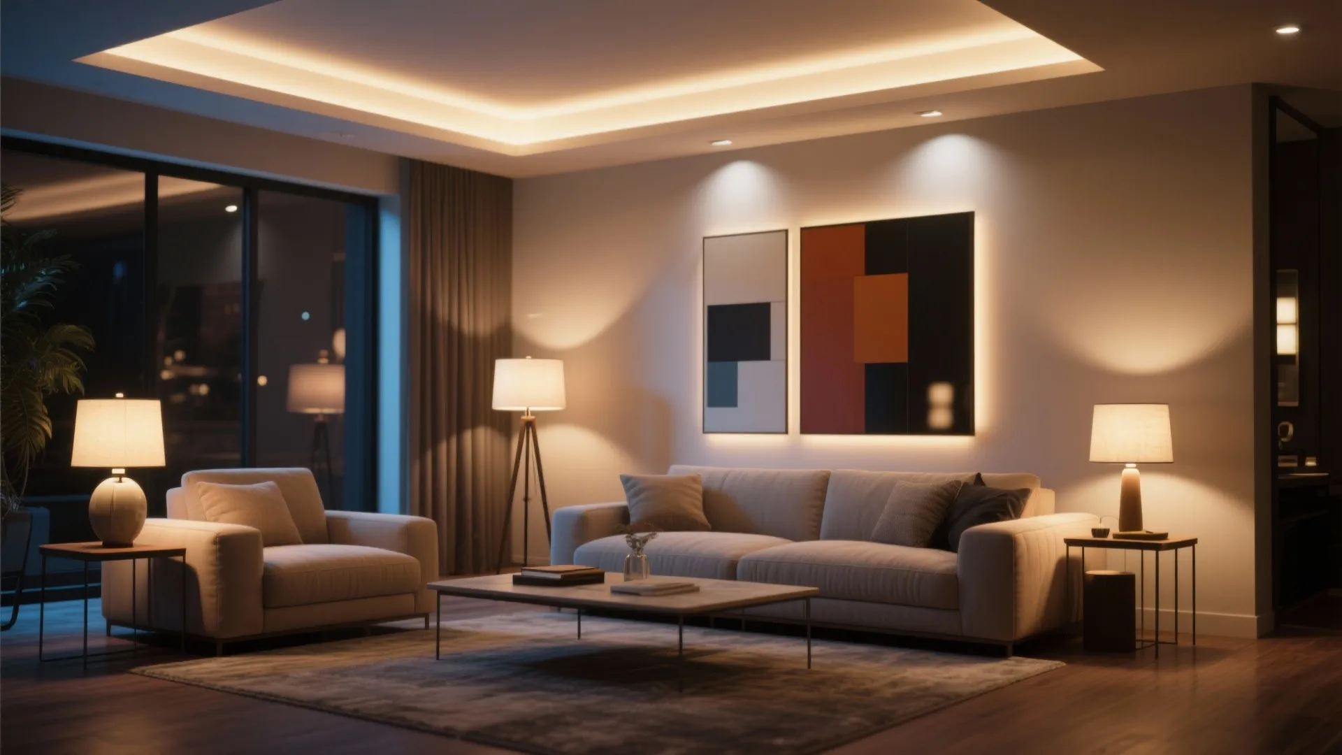 Cozy evening living room with warm light fixtures floor lamps and recessed ceiling light strips