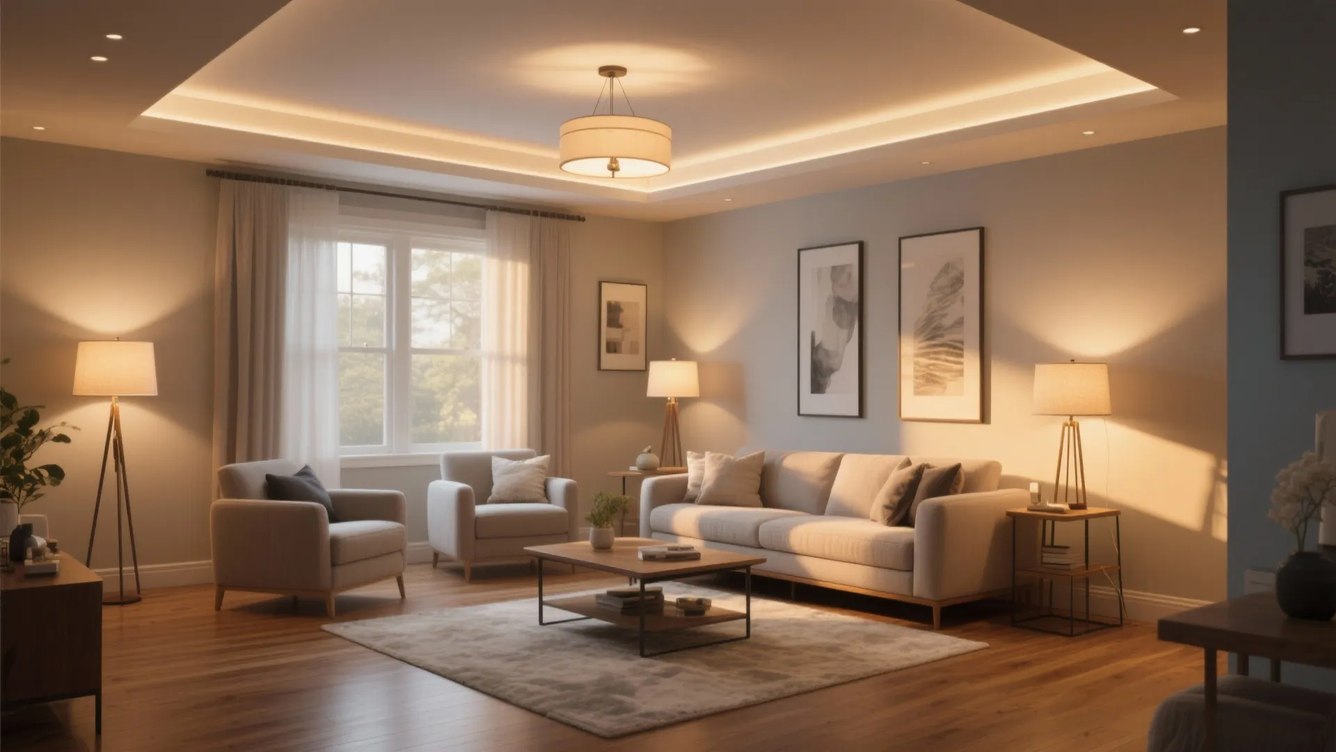 Cozy living room with warm light fixtures ceiling light floor lamps sofa and framed wall art