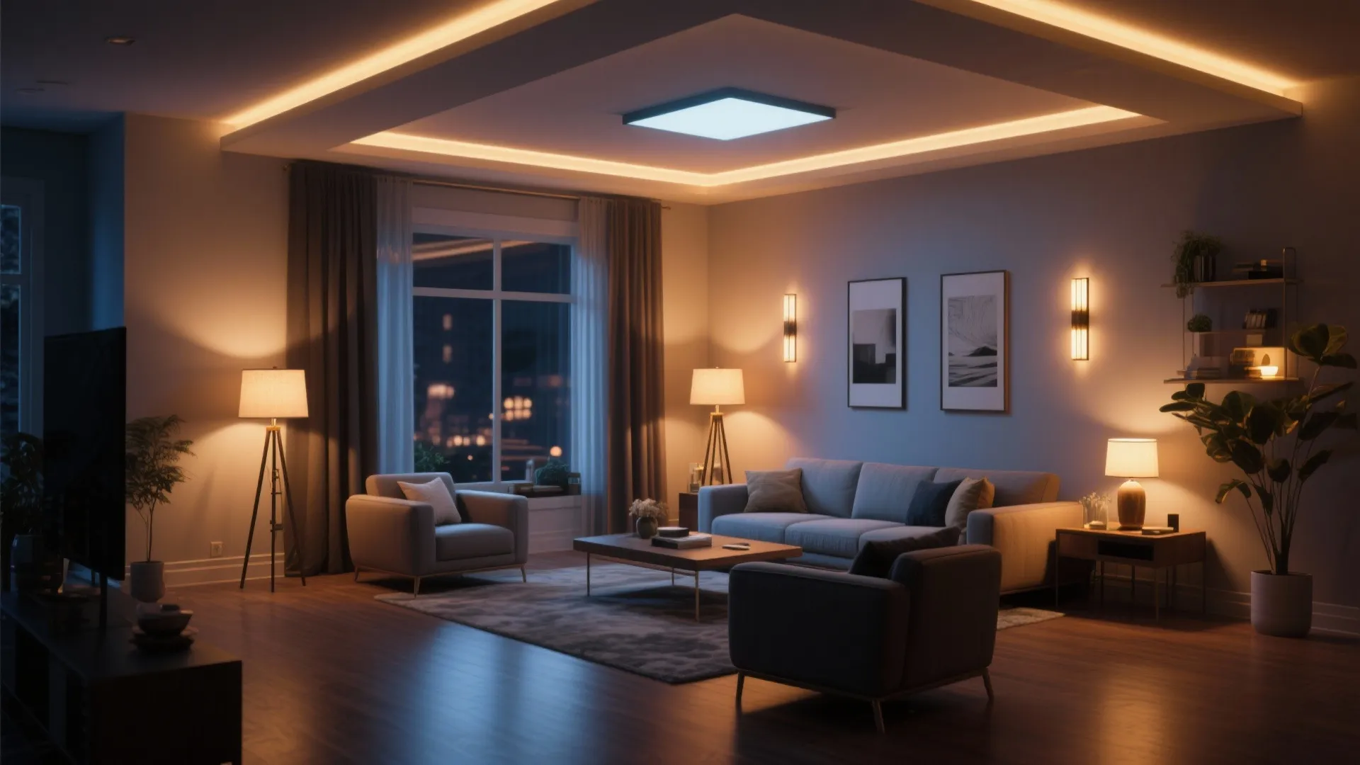 Living room at night with square ceiling light and wall lights creating a warm atmosphere
