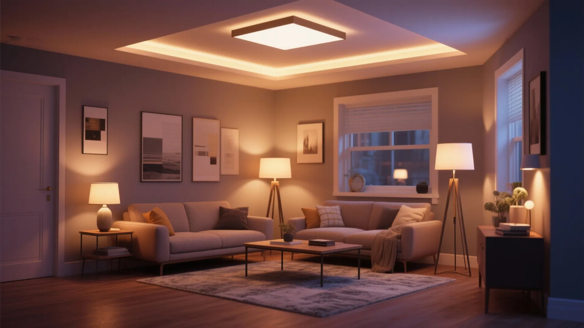 Cozy living room with warm ceiling light floor lamps table lamp grey sofas and rug